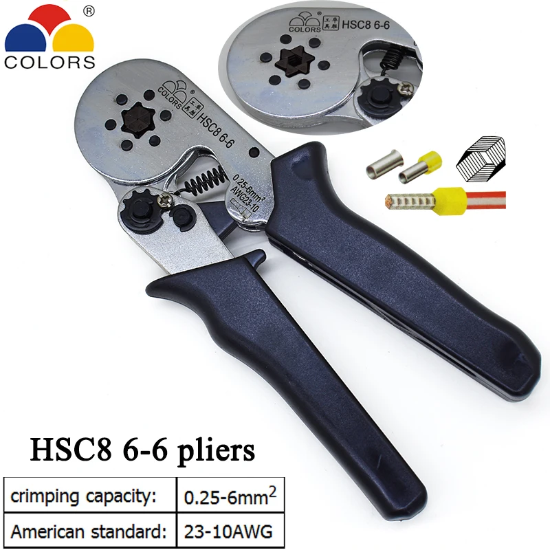 COLORS HSC8 6-6 crimping pliers 0.25-6mm2 23-10AWG for tube terminal Hexagon pressure mini type round nose european brand tools
