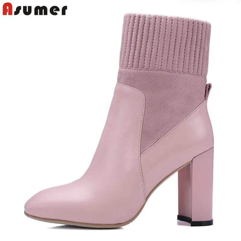 

ASUMER sweet style women ankle boots unique square toe simple slip on comfortable high thick heels genuine leather boots