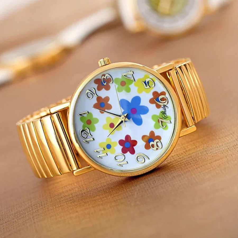Shsby горячая распродажа высокое качество золотые эластичные часы из нержавеющей стали женское платье кварцевые наручные часы Новое поступление женские часы с цветами