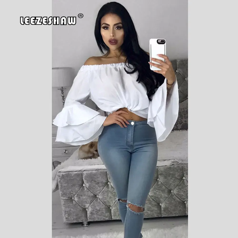 Leezeshaw 2018 Off Shoulder Petals Sleeve Chiffon Women Shirts Blouse Solid Long Tops Fashion Party Sexy Blouses Femme |
