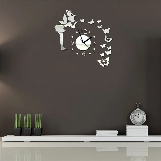 butterfly mirror 19.8''h wall clock modern design kids room wall