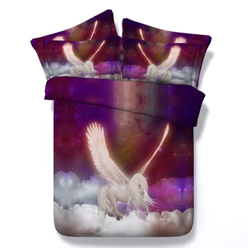 

3D Bedding Set Pegasus bedding 4pcs Queen King White Horse with wings Printed duvet cover sheet set bedlinen bedclothes for kids