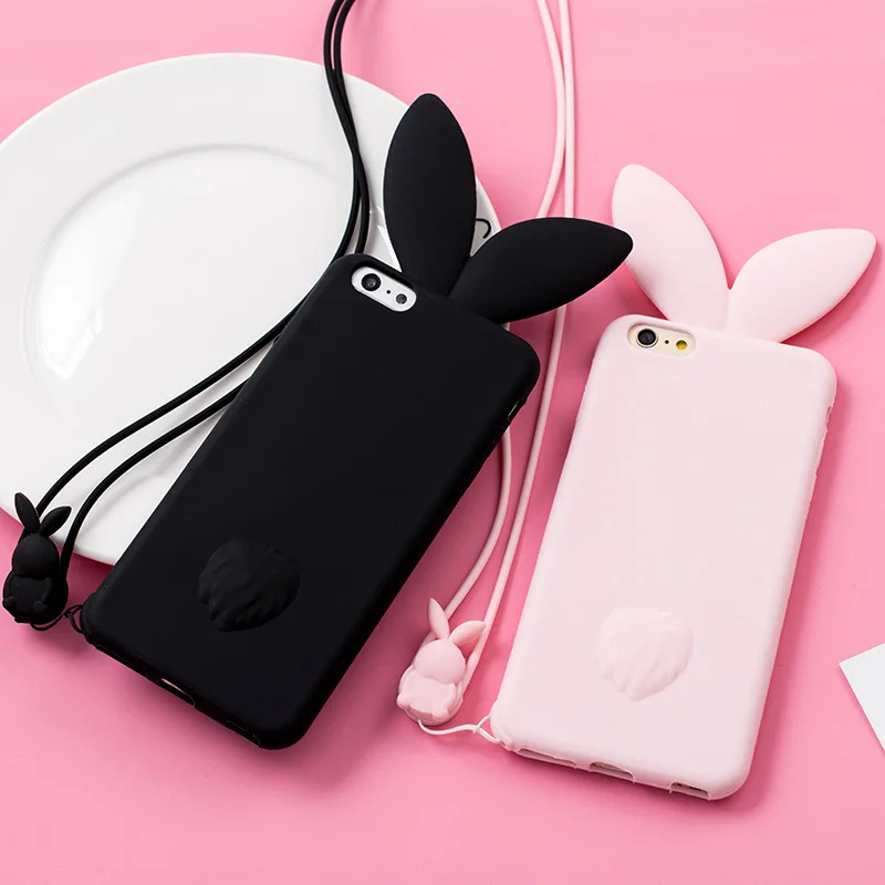 

For iphone XS maX XR X 3D Cute Rabbit Ear Case for iphone 7 7plus 8 8plus 6plus Cute Pink Girl soft case + strap