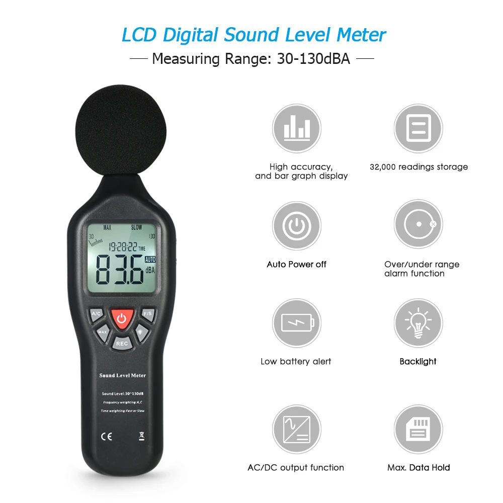 

Digital Sound Level Meter 30-130dBA decibel meter LCD Noise Measuring Instrument Decibel Monitoring Tester Data Logging Func