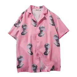 Отложной воротник с принтом, розовая рубашка для мужчин, лето 2019, Гавайский стиль, короткий рукав, мужские рубашки