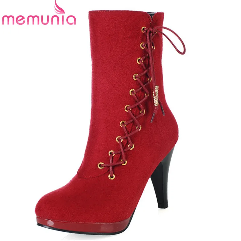 

MEMUNIA 2018 big size 33-47 ankle boots for women flock round toe zip cross tied high heels boots fashion autumn winter shoes