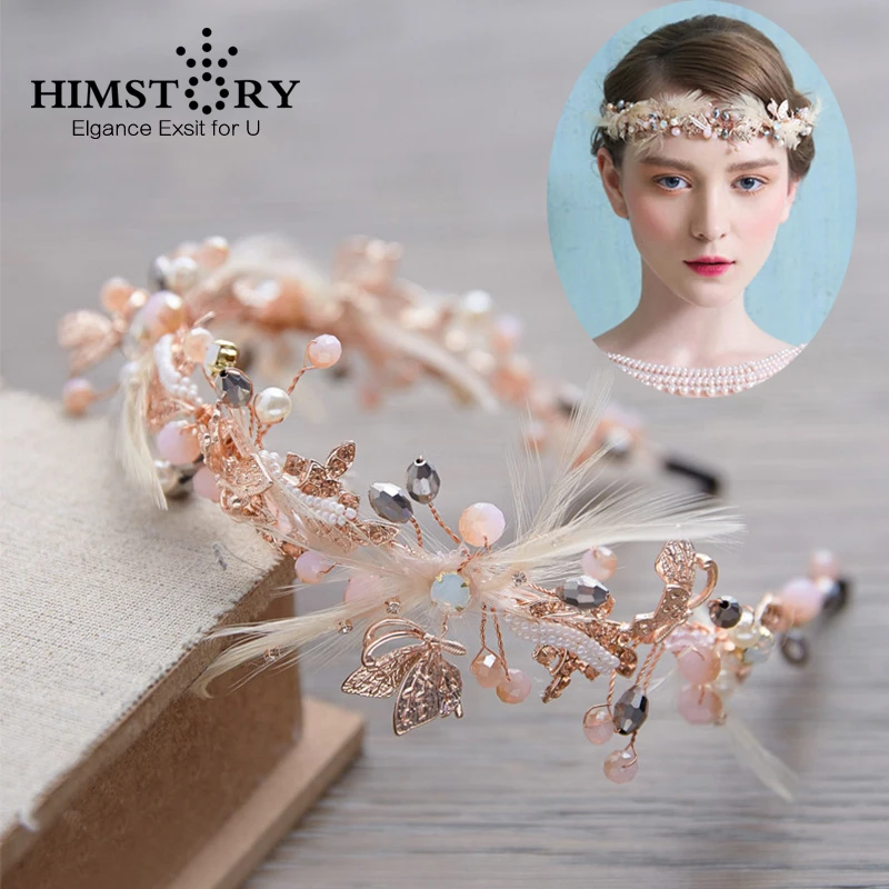 HIMSTORY Handmade Crystal Beaded Feather Hairband Bridal