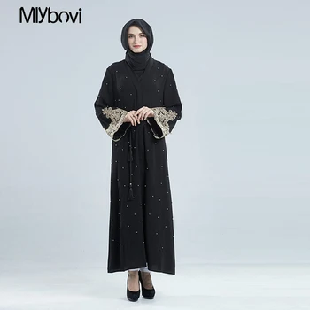 

2019 Women Beading Muslim Abaya hijab scarf Dress Club Party Dress Arabic Cardigain Patchwork Turkey Women Dresses Islamic dress