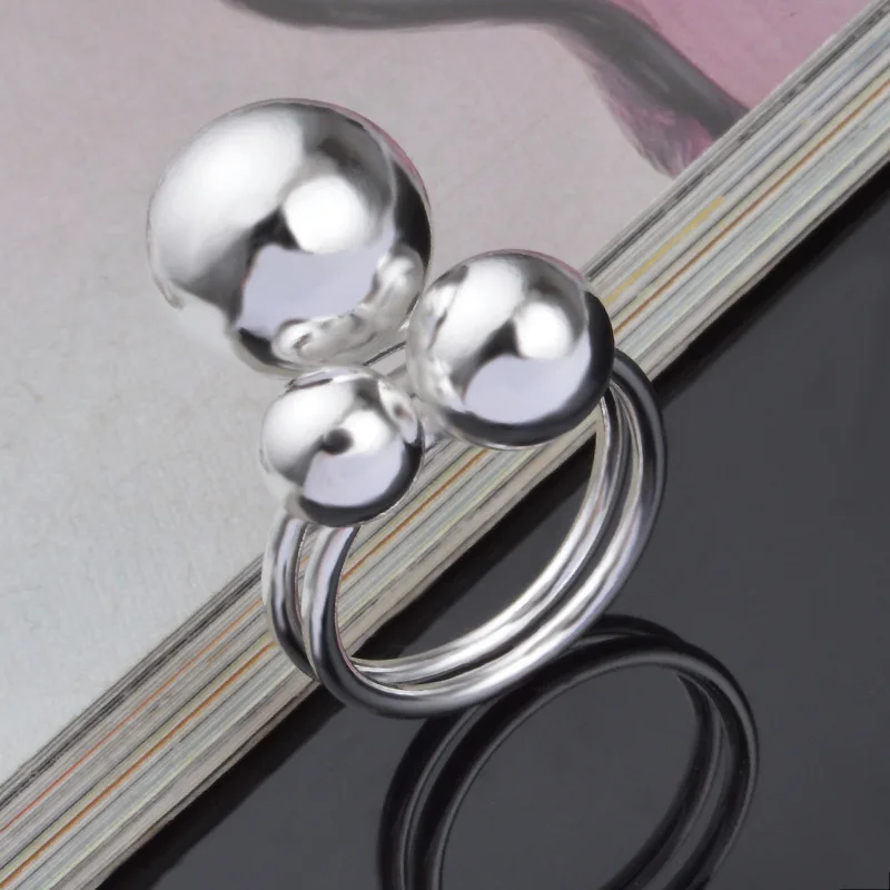 

New Fashion Silver Rings For Women Korean Elegant Women Lovely Girls Simulated Pearl Adjustable Opening Rings with Metal Balls