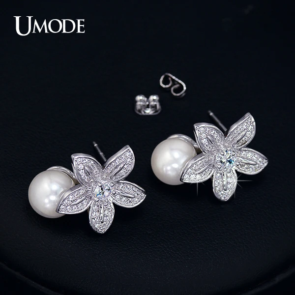 UMODE 2016 High Quality Simulated Pearl With Tiny AAA CZ Cubic Zirconia Flower Earrings Christmas Gift Jewelry UE0134