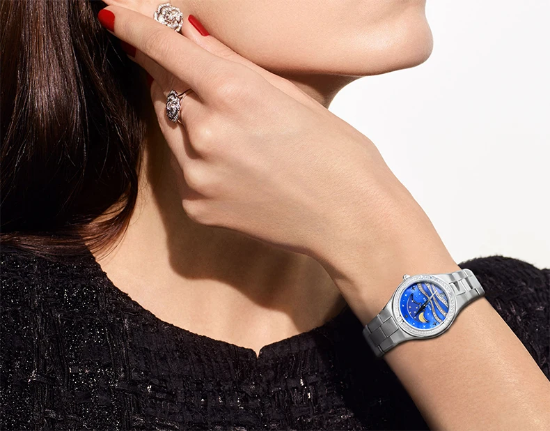 Риф Тигр/RT модные повседневные часы из нержавеющей стали Синие наручные часы для женщин Moon Phase часы RGA1524