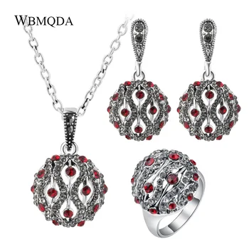 

3Pcs/lot Fashion Red Green Crystal Wedding Jewelry Sets Hollow out Ball Ring Necklace Earrings For Women Vintage Jewelery