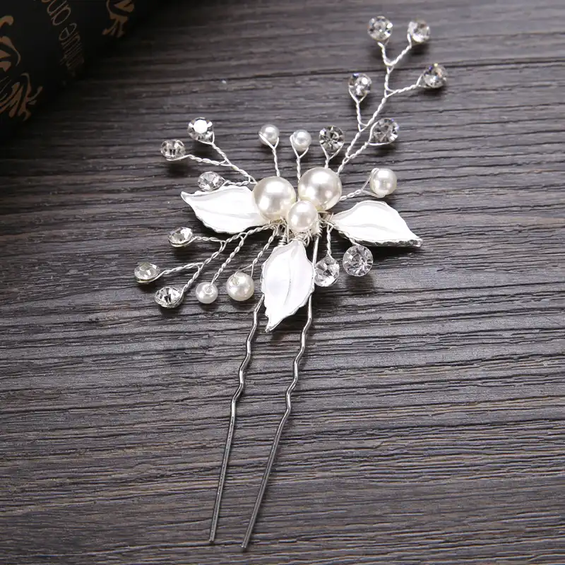 Forseven Wedding Crystal Pearl Hair Pins For Silver Bridal Hair
