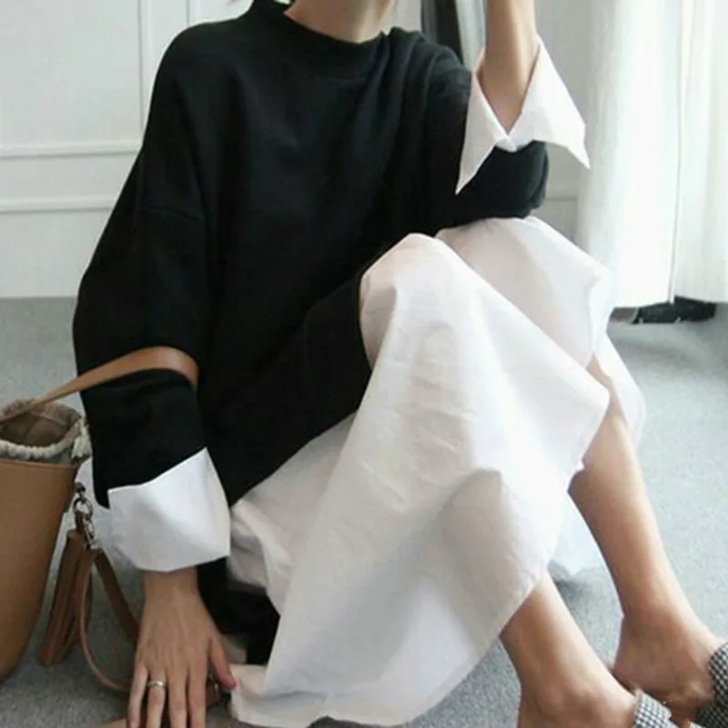 LANMREM 2019 spring Summer Fashion New O-neck full Sleeve Stitching False Two Pieces Loose Large Size Dress Woman AS20941 LANMREM 2019 spring Summer Fashion New O-neck full Sleeve Stitching False Two Pieces Loose Large Size Dress Woman AS20941