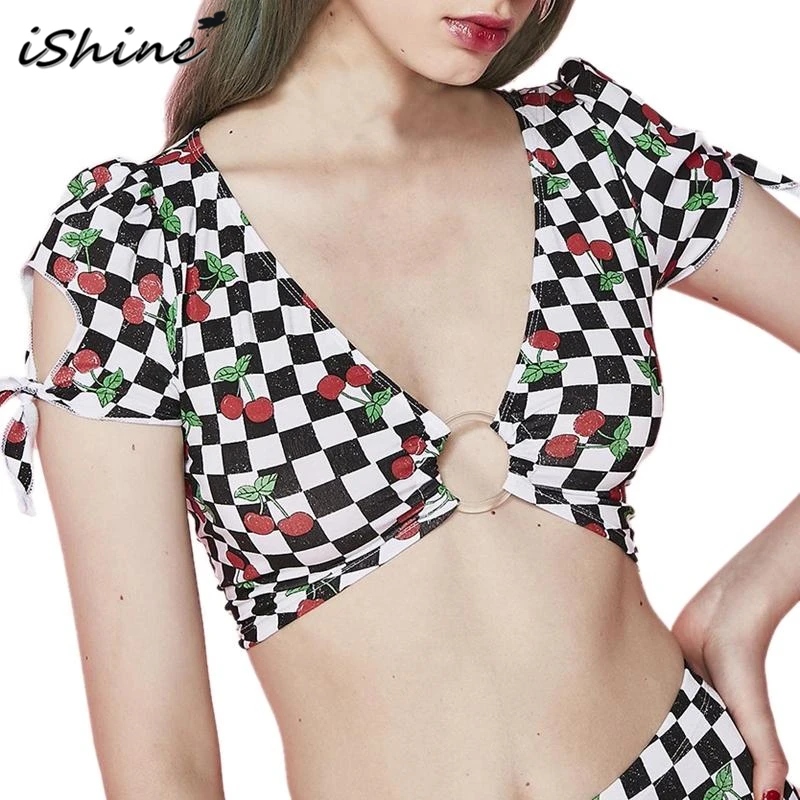 

2018 New Women Summer Checkerboard Plaid T-shirt Short Sleeve Cherry Print Navel Bare Crop Tops Sexy Slim Fit V Neck T Shirt