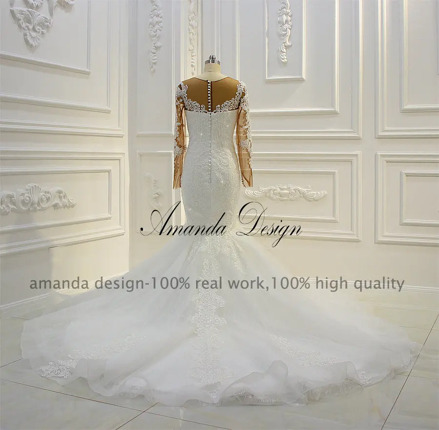 Аманда дизайн Новое поступление кружевные аппликации c бисером Русалка свадебное платье с длинным рукавом