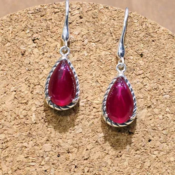 

925 Sterling silver natural semi-precious fashion ladies red Retro red corundum hollow teardrop shaped Earrings girlfriend gift
