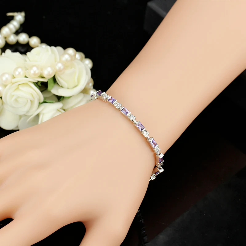 Pera Romantic Bridal Wedding Charm Bracelet Purple And White Big Square Shape Cubic Zirconia For Women Party Jewelry Gift B060
