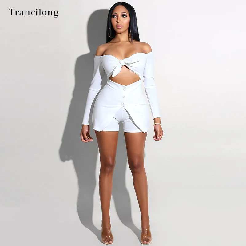 

Trancilong Sexy Tube Top Strapless Tight Button Short Jumpsuit Summer Straps Bow Ladies Jumpsuit Overalls Nightclub Suit
