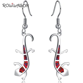 

ROLILASON Animal gecko design red Fire Opal 925 Silver Drop Earrings for ladies fashion jewelry OE701