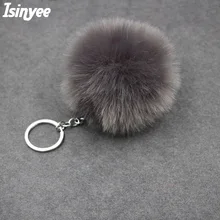 ISINYEE 2017 fluffy pom pom keychain ring for women bags car Fashion faux rabbit fur pompom key chains jewelry accessories