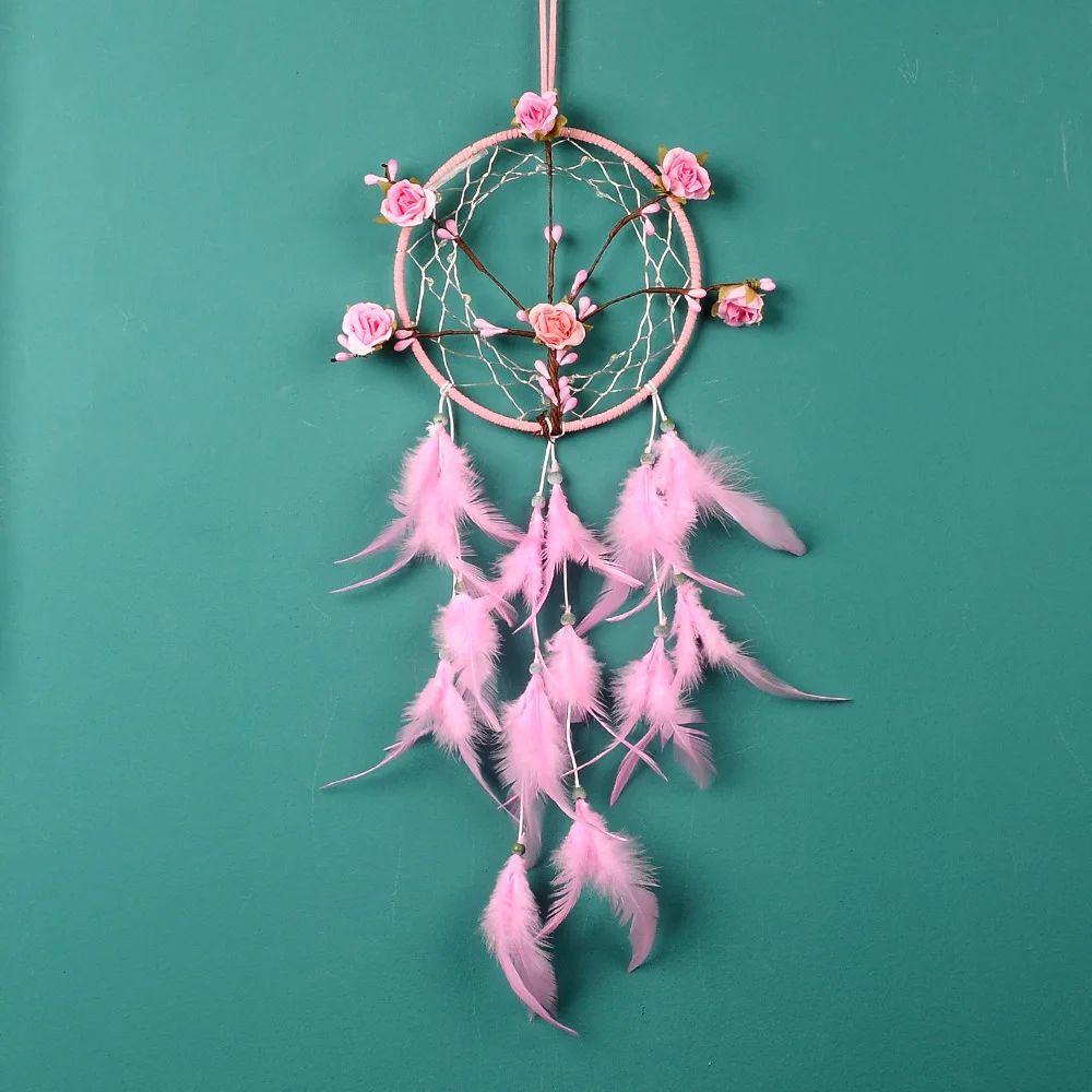 

NEW PINK Dreamcatcher Peach blossom Flower dream catcher with feather Home Decor Gift