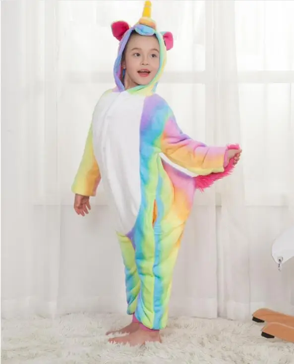 

Kids Rainbow Unicorn Pajamas Winter Hooded Homewear unicornio Anime Cartoon Costumes Animal Pyjamas Nightgown Girls