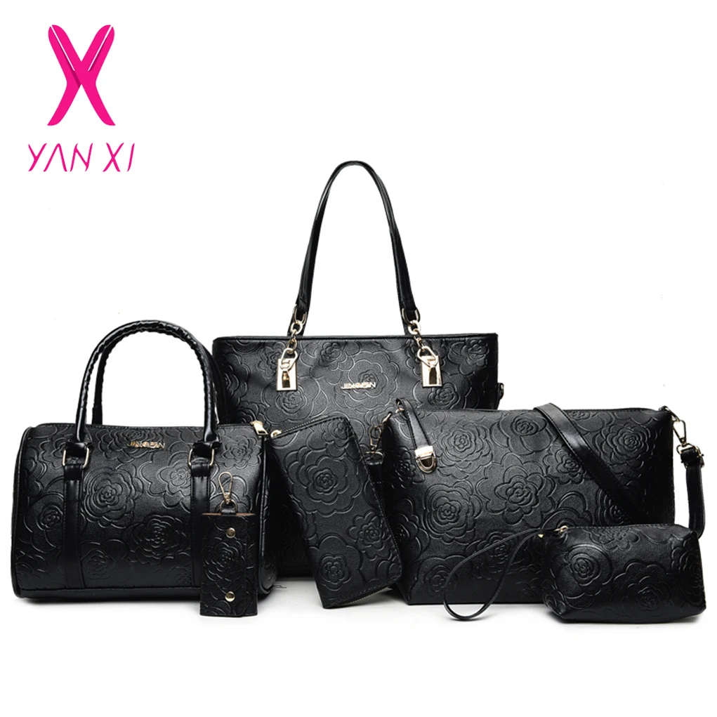 Goede Reli euml;f 6 stuk Set Hot PU Leer Vrouwen Tassen Bloemen Printing 5 stks Set Vrouwen Handtassen Purse Cultch Composiet Messenger tassen