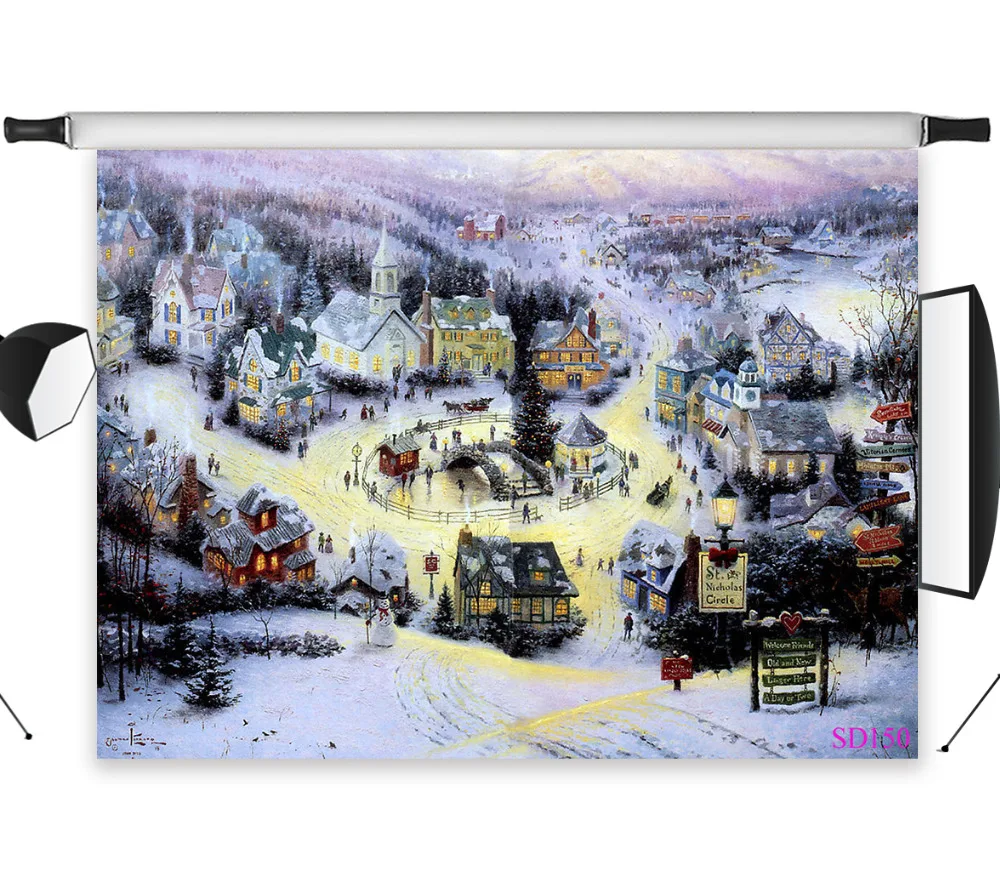 

LB Polyester & Vinyl Fairytale Christmas Oil Painting Style European Town Backgrounds For Photo Studio Photography Backdrops