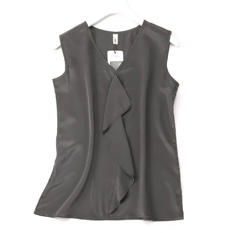 Женская летняя блузка из натурального шелка, без рукавов, v-образный вырез, офисная одежда, натуральный шелк, блузки с оборками, Повседневная шелковая рубашка, блузка для женщин - Цвет: dark grey