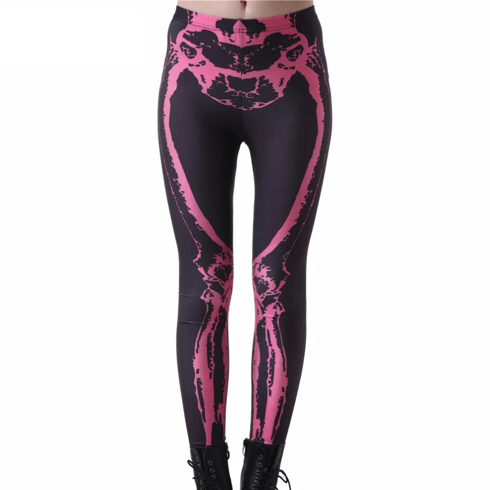 Мода Женский костюм пирата Леггинсы Брюки Цифровая печать кости ног Неоновые розовые леггинсы