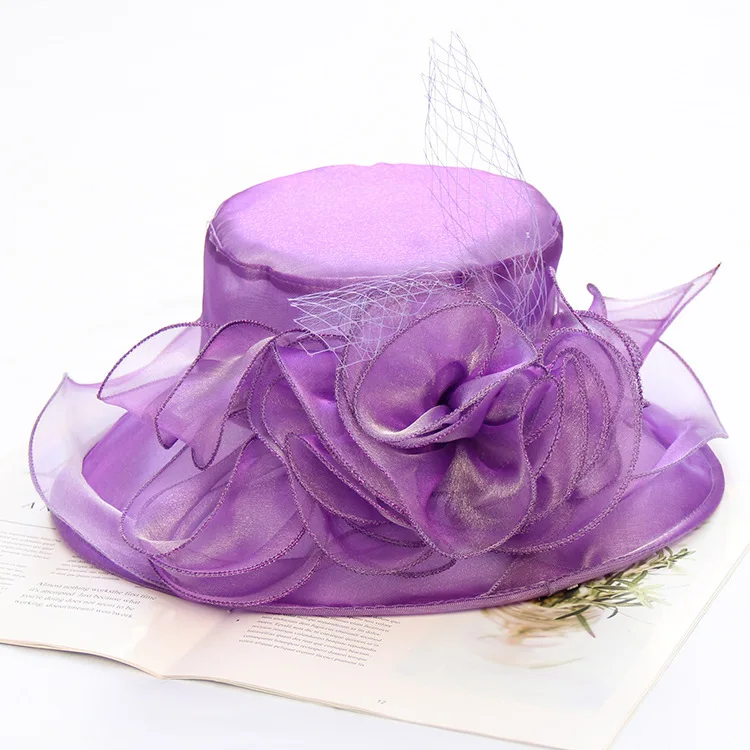 Mingli Tengda Свадебная шляпка пряжа Eugen темно-синяя Цветочная шляпка невесты складные карнизы песчаный пляж фиолетовая летняя шляпа Марля формальная розовая шляпа - Цвет: Purple