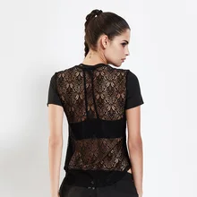 OVESPORT сетки лоскутное Для женщин топы с v-образным вырезом короткий рукав Спортивные футболки Бег Gym футболки для Для женщин тренировки