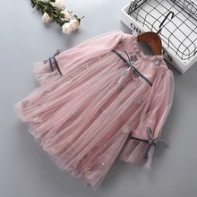 Высококачественное платье для девочек от 2 до 7 лет Новинка года, осенняя кружевная шифоновая одежда с цветочным узором для детей праздничное платье принцессы для девочек