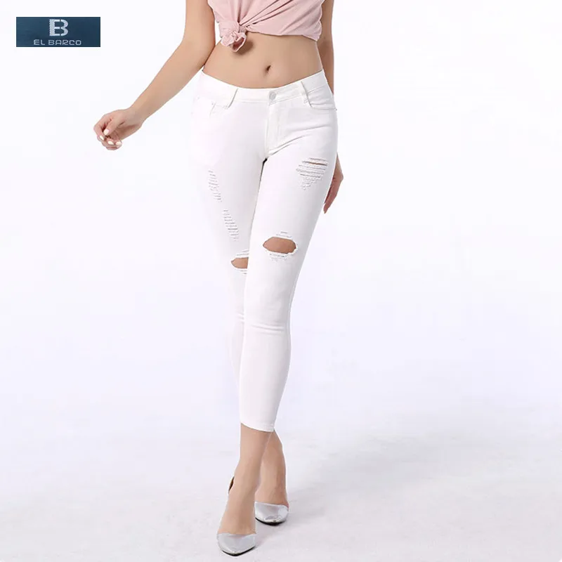 

[EL BARCO] Summer Cotton Ripped Holes Denim Jeans Female Black White Skinny Pencil Pants Women Casual Trousers Plus Size S-5XL