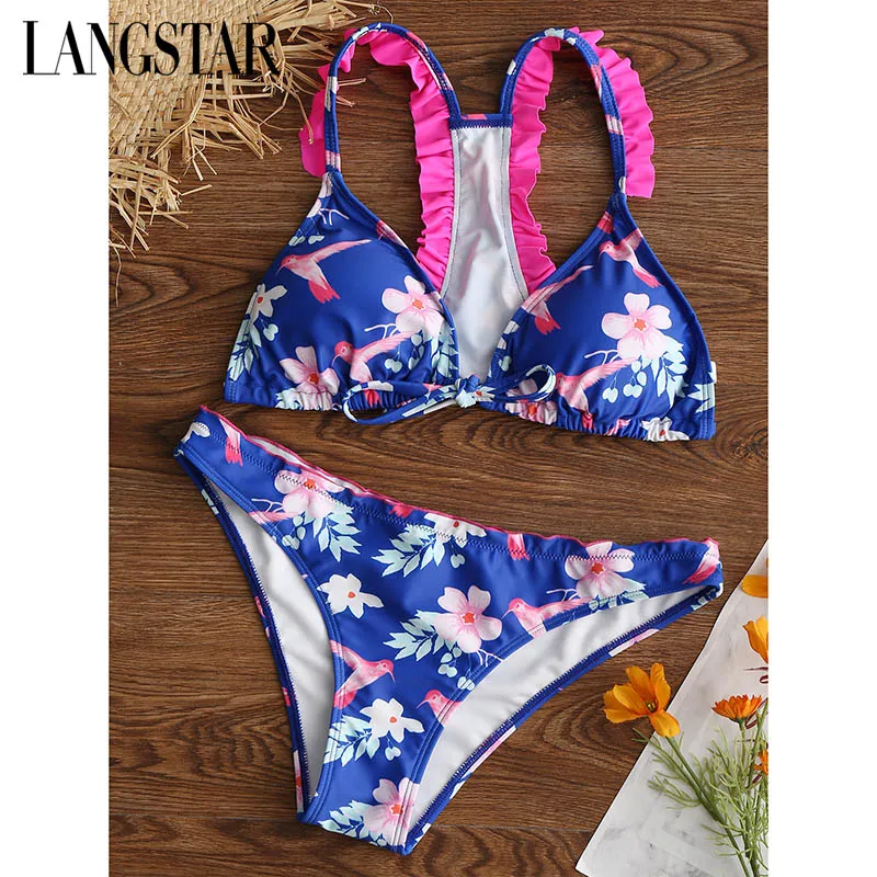 

LANGSTAR Blue Floral Print Lace-Up Bikini Sets Women Scalloped Tied Bow Sexy Two Pieces Bathing Suits 2019 Girl Swimwear