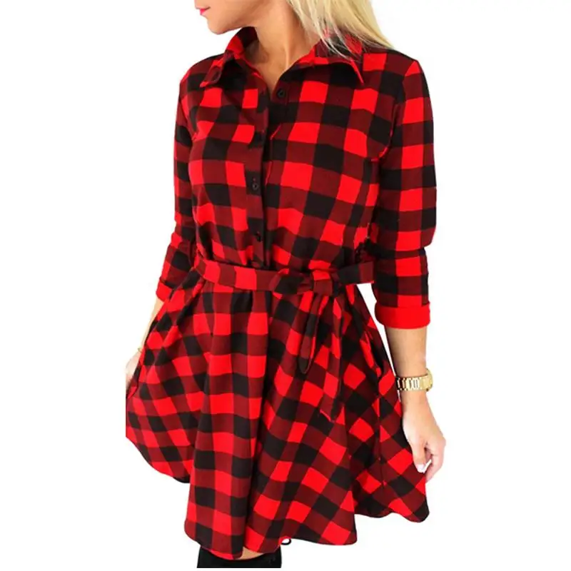 

Girl's Long Sleeve Short Dress 3/4 Sleeve Shirt Dress Plaid & Checked Dress