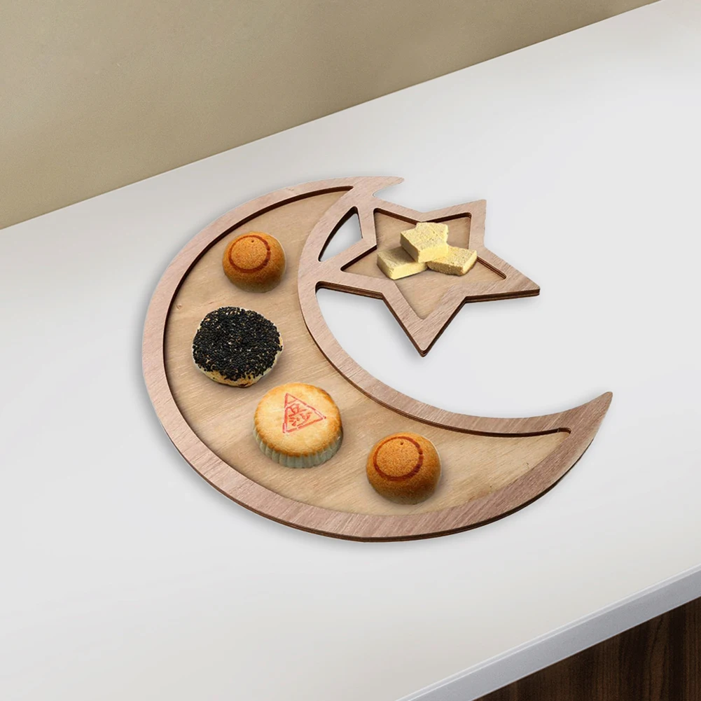 

Wooden Eid Dinner Plate Mubarak Star Moon Table Decoration Dessert Tray Food Serving Tray Snack dish plate kitchen home supply