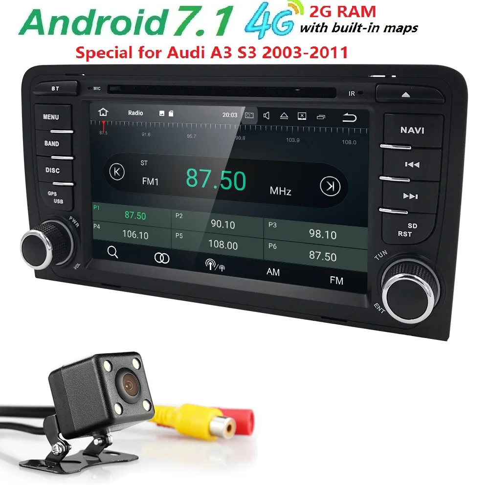 Clearance 7" Car Radio Android 7.1 GPS Head unit for Audi A3/S3 2003 2004 2005 2006 2007 2008 2009 2010 2011 Navigation 2 Din DAB+/4G/WIFI 2