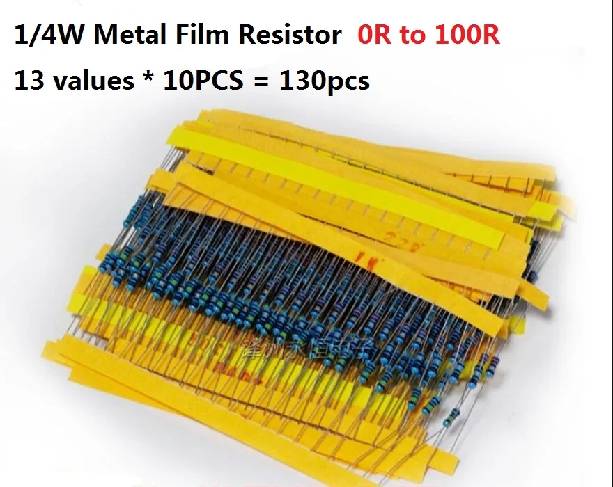 13values* 10 шт. = 130 шт. 0 ohm-100 Ом 1/4W 5% металлический Fillm Резистор Комплект 0R для 100R Ассорти ассортимент 1R 2.2R 4.7R 5.1R пакет