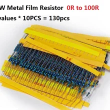 13values* 10 шт. = 130 шт. 0 ohm-100 Ом 1/4W 5% металлический Fillm Резистор Комплект 0R для 100R Ассорти ассортимент 1R 2.2R 4.7R 5.1R пакет
