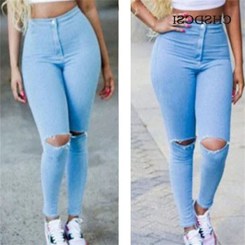

CHSDCSI Denim Jeans Women Vintage Mid Waist Slim Sexy Jeans Hot Ripped Pencil Pants Hole Pant Female Girl Trousers Blue Jeans