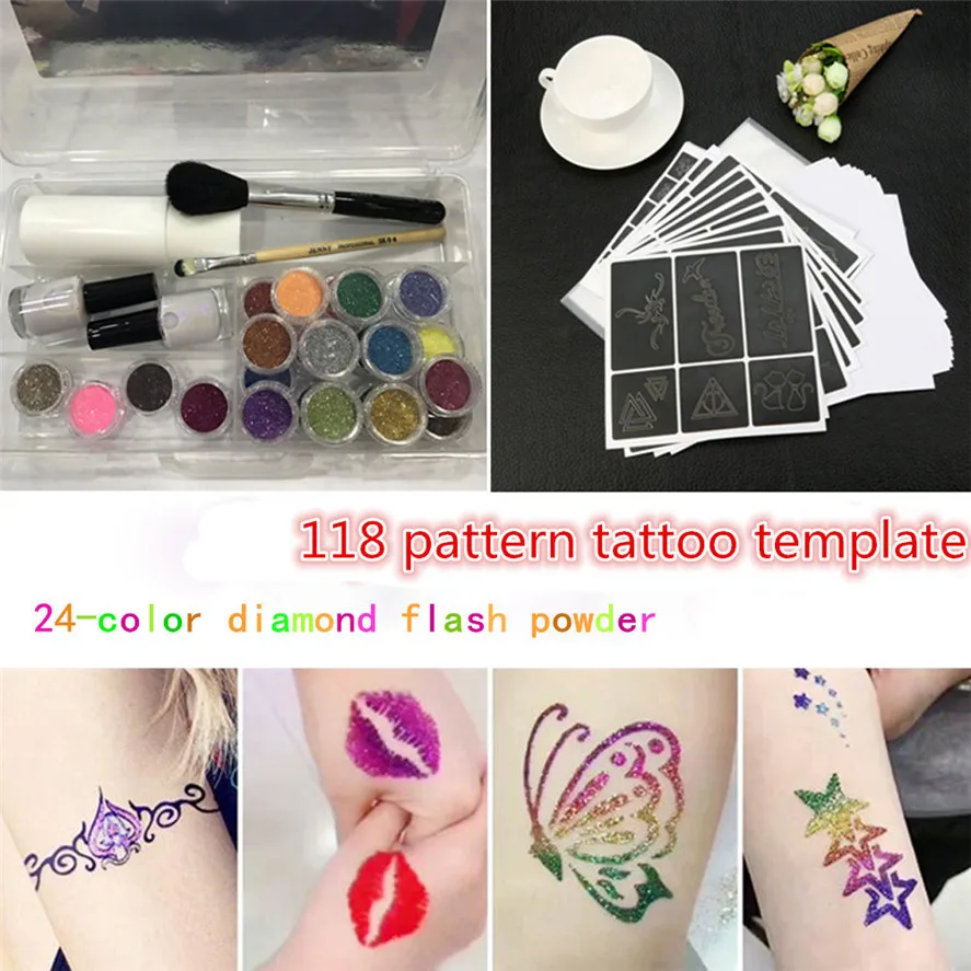 1Set Glitter Tattoo Powder Temporary Tattoo Body Painting Kit Brushes