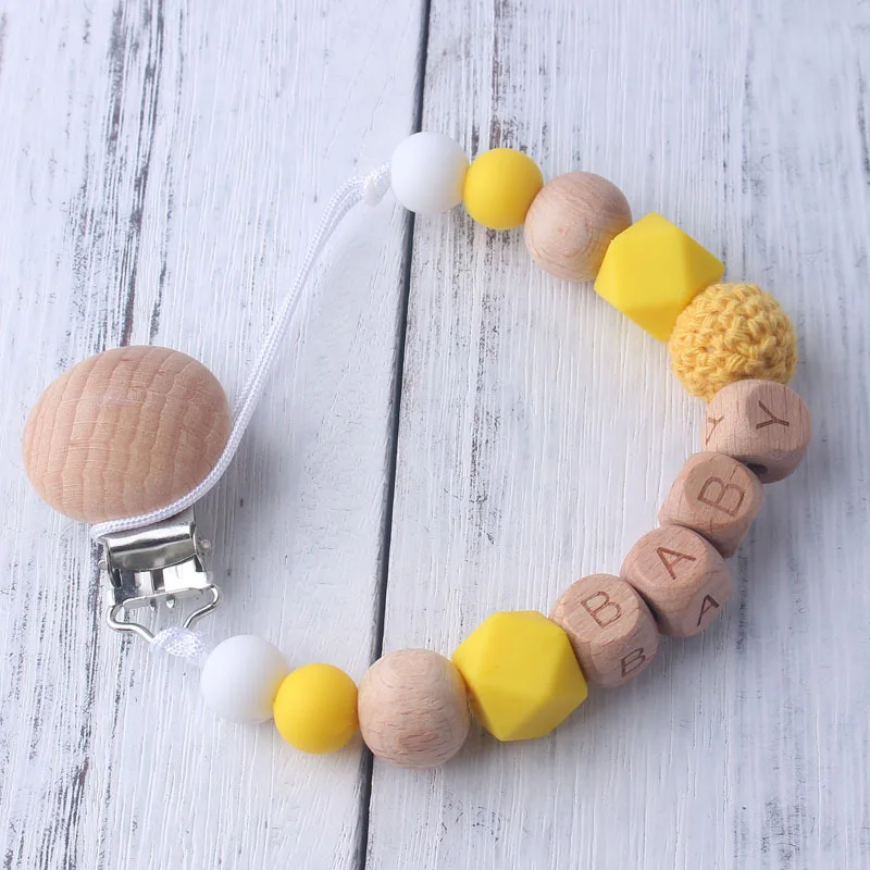 Baby Pacifier Clips DIY Pacifier Chain Wooden+ Silicone Beads Baby Teething Soother Chew Toys Wood Dummy Teether Clip Holder - Цвет: Yellow