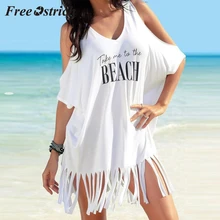 Ostrich, женский купальник с кисточками и буквенным принтом, мешковатый купальник, бикини, накидка, Пляжное Платье с бахромой и короткими рукавами, платье с буквенным принтом