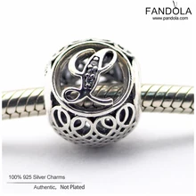 Стерлингового серебра 925 Подвески Винтаж L, прозрачный CZ Алфавит числа Шарм Бусины Европейский дизайн ювелирный браслет сделай сам