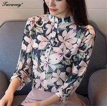 2018 Spring Autumn The New Korean Casual Chiffon Blouse stand collar Floral Print Women Shirt Long Sleeve Appliques Women’s Tops