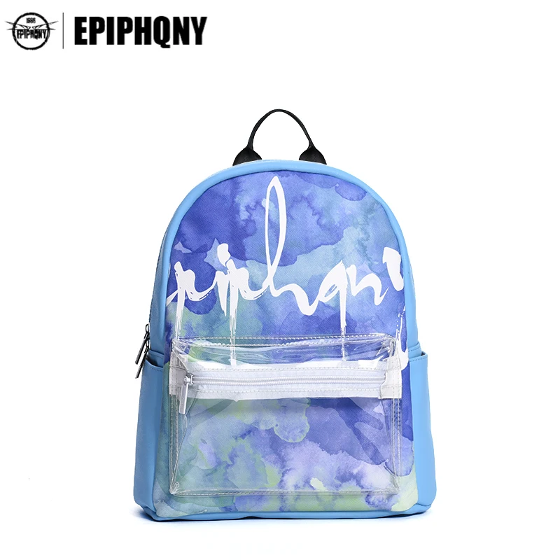 

Famous Brand Transparent Pocket Small Backpack Women Purple Blue Watercolor Printing Schoolbag Lady Clear Summer Bagpack