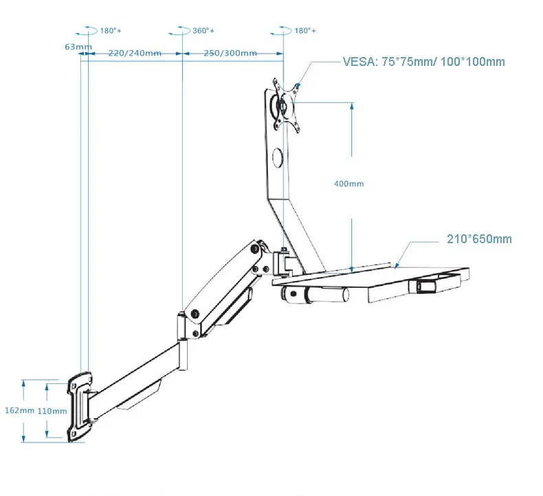 W802B настенное крепление газовая пружина монитор клавиатура лоток держатель ЖК монитор крепление руки сидя-стенд рабочая станция загрузка 2-10 кг