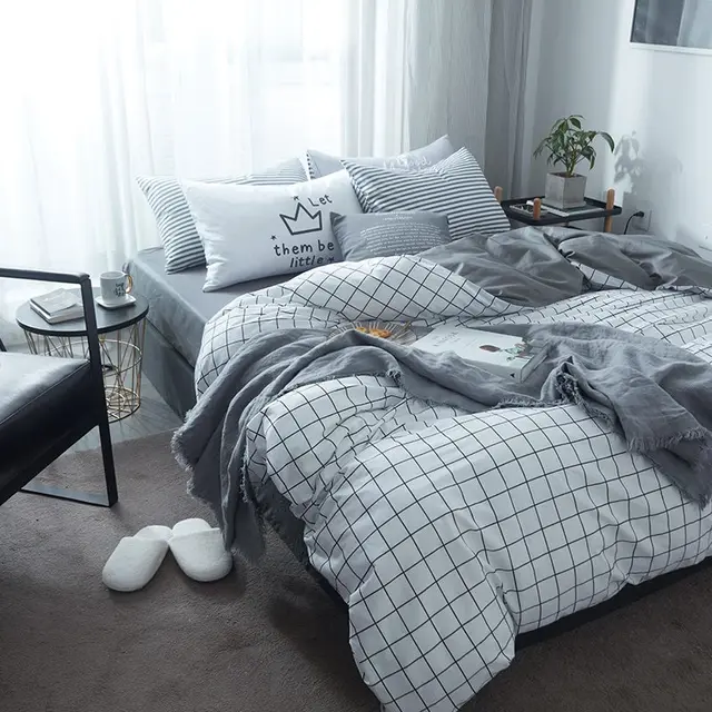 Grey Cotton Bedding Sets White Square Patterns Simple and Comfortable